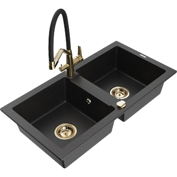 Mexen Mario гранитна мивка с 2 отделения и кухненски смесител Duo, черен/сребърен металик - 6504-73-671701-57-G (6504-73-671701-57-G)