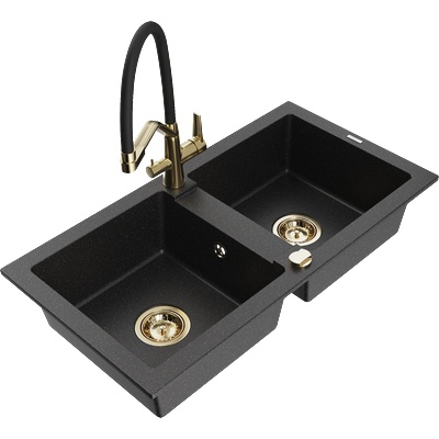 Mexen Mario гранитна мивка с 2 отделения и кухненски смесител Duo, черен/сребърен металик - 6504-73-671701-57-G (6504-73-671701-57-G)