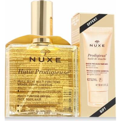 NUXE Huile Prodigieuse Multi-Purpose Dry Oil 100 ml sada suchý olej Huile Prodigieuse Multi-Purpose Dry Oil 100 ml + sprchový olej Prodigieux Precious Scented Shower Oil 30 ml