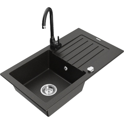 Mexen Pablo гранитна кухненска мивка с 1 корито и отцедник и кухненски смесител Telma, черно/златно - 6510-75-670200-70 (6510-75-670200-70)