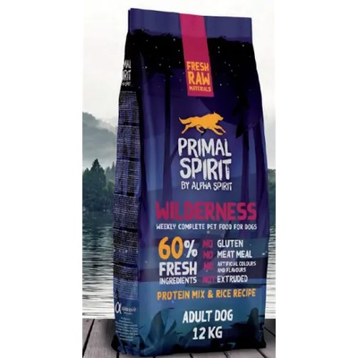 Alpha Spirit Primal Spirit 60% Wilderness Dog Food - студено пресована храна за кучета от всички породи с прасе, пиле, риба и ориз, БЕЗ ГЛУТЕН, 12 kg PRIM0512