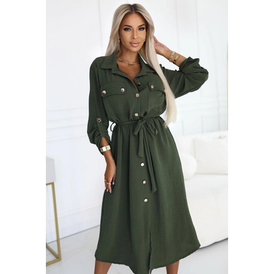 Midi košeľové šaty so zlatými gombíkmi a viazaním khaki 531-5 Khaki