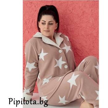 Image 1 of Поларена макси пижама в светлокафяво със звезди