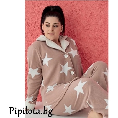 Поларена макси пижама в светлокафяво със звезди