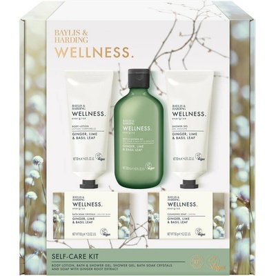 Baylis & Harding Wellness. umývací gél na telo 300 ml + telové mlieko 130 ml + sprchový gél 130 ml + soľ do kúpeľa 100 g + tuhé mydlo 150 g
