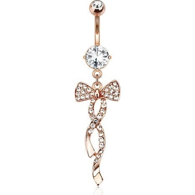 Šperky eshop piercing do břicha z oceli v měděném odstínu mašle s čirými kamínky S49.17