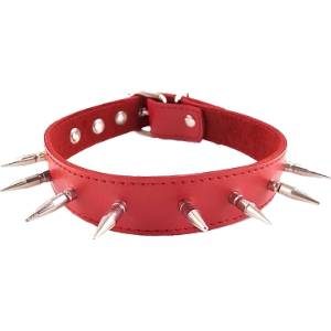 Rouge Leather Spiked Collar with 1 inch Spikes Red