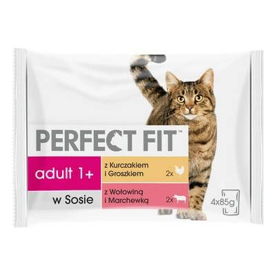 Perfect Fit Kot Adult Beef and Chicken 4x krmivo v hovädzej a mrkvovej omáčke, kuracím mäsom a hráškom 340 g 85 g