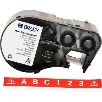 Brady M4C-750-595-RD-WT / 170829, 19.05 mm x 7.62 m, Винил, бял печат / червен фон (170829)
