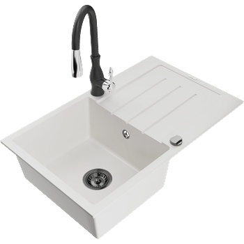 Mexen Bruno гранитна кухненска мивка с 1 корито с отцедник и кухненски смесител Savita, бял - 6513-20-672601-70 (6513-20-672601-70)