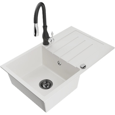 Mexen Bruno гранитна кухненска мивка с 1 корито с отцедник и кухненски смесител Savita, бял - 6513-20-672601-70 (6513-20-672601-70)