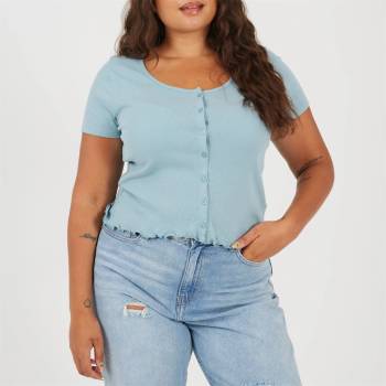Brave Soul Фланелка с къс ръкав Brave Soul BS Plus Size Button Through Short Sleeve Top with Lettuce Hem - Duck Egg