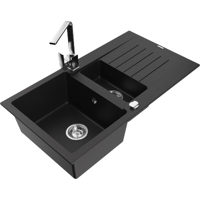 Mexen Matias гранитна мивка с 1, 5 камери с отцедник и кухненски смесител Rita, черен - 6502-77-670300-00 (6502-77-670300-00)