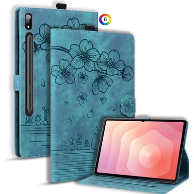 Samsung Galaxy Tab S11 Ultra Кожен калъф с Протектор, Дизайн Цветя & Котка, Държач за писалка 6 цвята