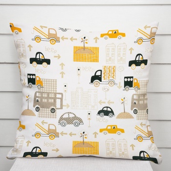 Biante Detská bavlna Sandra SA-672 Žlté a sivohnedé autá v meste na bielom 40 x 40 cm