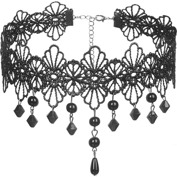 SuperLove Sexy Hollow Lace Floral Bead Pendant Choker Black