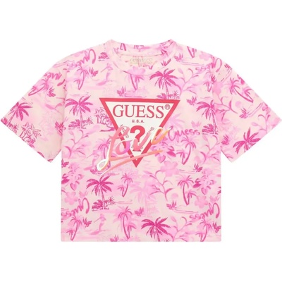 GUESS Широка розова тениска за момиче с палми и розово лого Guess Love