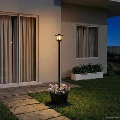 vidaXL Слънчев стълб с саксия with LED Bulb Черно 32 x 32 x 158 см (42042692)