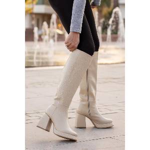 Moda Trend Дамски дълги ботуши с широк ток и платформа - Светлобежови #363817 (363817_Бежов)