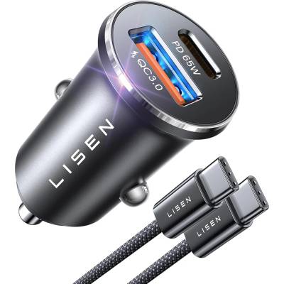 Lisen Зарядно за кола (YL0223110003) - Lisen - с Type-C оплетен кабел, USB, USB-C, PD65W, QC3.0, алуминиева сплав - Сребрист