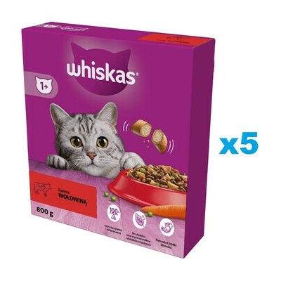 WHISKAS Adult pre dospelé mačky s lahodným hovädzím mäsom 5 x 0,8 kg