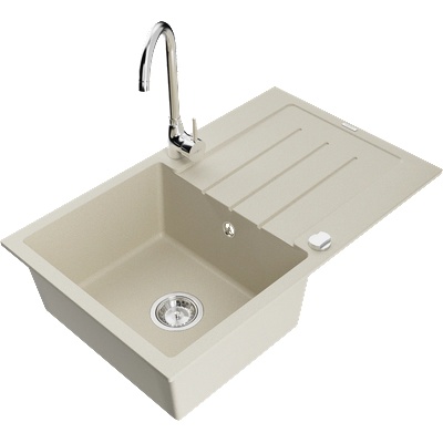 Mexen Bruno Гранитна мивка с 1 отделение и отцедник с кухненски смесител Telma, бежов - 6513-69-670200-00 (6513-69-670200-00)