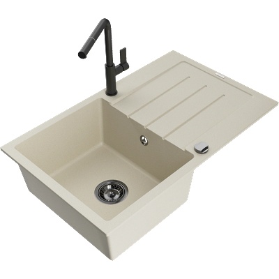 Mexen Bruno гранитна мивка с една камера с отцедник и кухненски смесител Flora, бежов - 6513-69-670401-70-B (6513-69-670401-70-B)