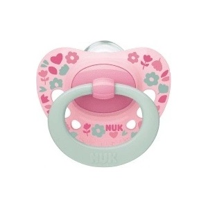 Nuk Силиконова залъгалка NUK - Signature, Розова с цветя, с кутия за стерилизиране, 18-36 m (10739680_flower)