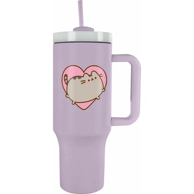 CurePink Nerezový cestovní Termo hrnek s rukojetí a víčkem s brčkem Pusheen Skok do srdce 180 ml