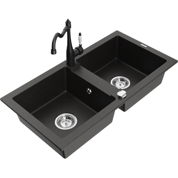 Mexen Mario градинска мивка с две камери с кухненски смесител Carla, черно/златист металик - 6504-75-670700-70 (6504-75-670700-70)