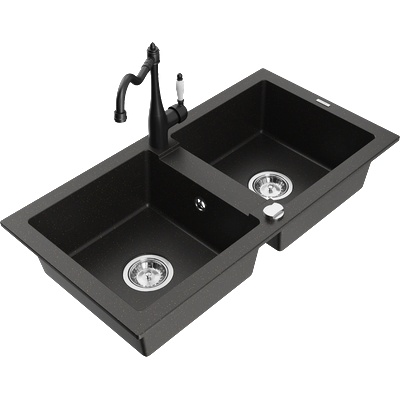 Mexen Mario градинска мивка с две камери с кухненски смесител Carla, черно/златист металик - 6504-75-670700-70 (6504-75-670700-70)