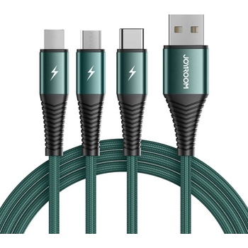 JOYROOM Кабел Joyroom 3-in-1 Charging Cable (S-1230G4), от USB A(м) към Lightning(м), USB C(м), microUSB(м), 1.2m, 15W, зелен (S-1230G4 / 54598)