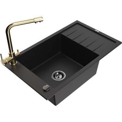 Mexen Elias гранитна мивка с 1 контейнер със сушилник и кухненски смесител Duero, черен - 6511-77-671600-50-B (6511-77-671600-50-B)