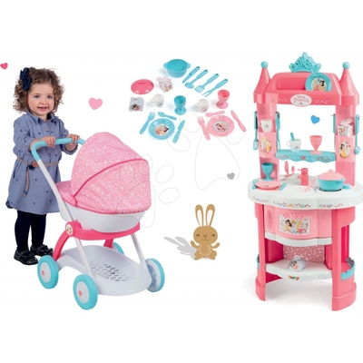 Smoby set kuchynka Princezné s vežičkami a 19 doplnkami obojstranná a hlboký kočík pre 42 cm bábiky 311700-6