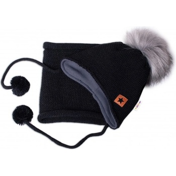 Baby Nellys zimní čepice s fleecem a chlupáčková bambule Star komínek černá