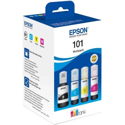 Мастило Epson 101 EcoTank, за Epson EcoTank L4260, L4266, L6190, L6260, L6270, L6276, L6290; EcoTank L14150, L4260, L6270, L6290, Multipack (Black, Cyan, Magenta, Yellow), до 4500 черни копия, до 7500 цветни копия, 127 ml, 3x 70 ml (C13T03V64A)
