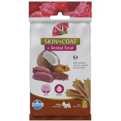 N&D Quinoa Skin & Coat Dental Care Treat With Venison, Coconut and Turmeric Mini - Дентални стикове за кучета от дребни породи с еленско, киноа, кокос и куркума - 60 гр, Италия - KND0006007