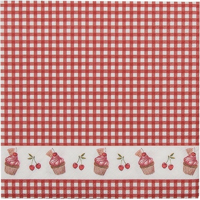 Clayre & Eef Červené kárované papierové obrúsky s tortičky Cherry Cupcake 33x33 cm 20ks