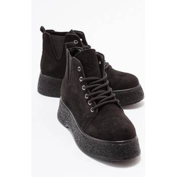 Moda Trend Дамски велурени боти с връзки - Черни #403704 (403704_Черно)