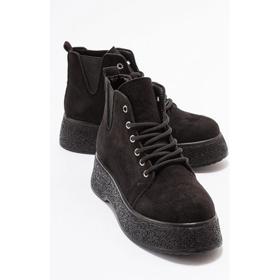 Moda Trend Дамски велурени боти с връзки - Черни #403704 (403704_Черно)