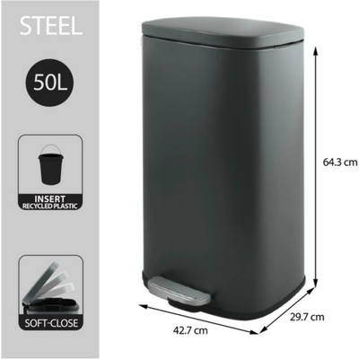 Spirella pedálový odpadkový koš Akira, matný šedý, ocel, soft-close, 50 l