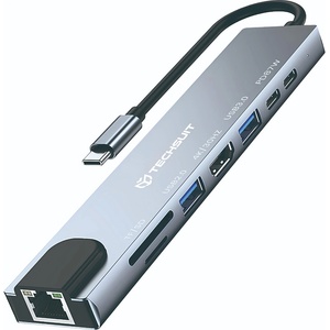 Techsuit - Докинг станция NetBridge 8 в 1 (H2) - Type-C към 2x Type-C, 2x USB, HDMI, RJ45, TF/SD, 4K@30Hz, PD87W - Сив (KF2350786)