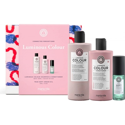 Maria Nila Luminous Colour Luminous Colour šampon pro barvené vlasy 350 ml + Luminous Colour kondicionér pro barvené vlasy 300 ml + True Soft arganový olej s hydratačním účinkem 100 ml dárková sada