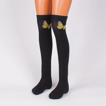 Image 1 of Дамски 7/8 чорапи в черно с пеперуди в жълто и сиво