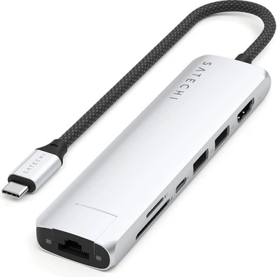 Satechi 7-in-1 USB-C Aluminum Slim Multiport Adapter With Ethernet - мултифункционален хъб за свързване на допълнителна периферия за компютри с USB-C (сребрист)
