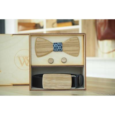 Wood Style Set Kulatý WS Modrotisk opasek motýlek a manžetové knoflíčky Hnědá Dub