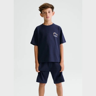 Mayoral Комплект тениска с принт back и къси панталони в тъмно синьо за момче Mayoral