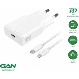 4smarts Захранване за ел. мрежа с USB-C изход с технология за бързо зареждане и USB-C към Lightning кабел - 4smarts Slim 20W GaN USB-C PD Fast Charger with USB-C to Lightning Cable (white) (бял) (540020)