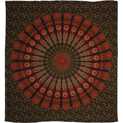 BOB Batik přehoz na postel indický Peacock Mandala zeleno červený bavlna King size 220 x 200 cm