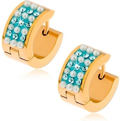 Šperky eshop ocelové náušnice zlaté barvy bílé kuličky a tyrkysové zirkony S86.05